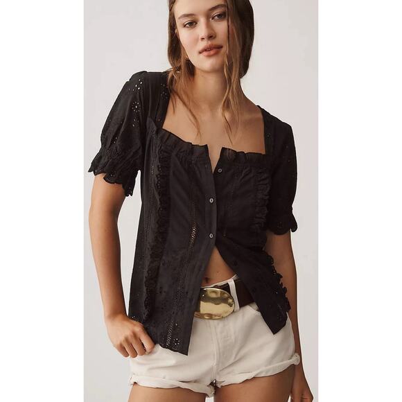 New ANTHROPOLOGIE Puff Sleeve Eyelet Button UP Top Black Size XS Petite - Picture 1 of 8